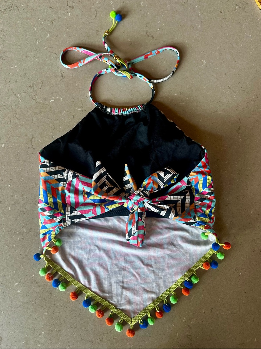 Isabella Rose Pom Pom High Neck Cropped Swimsuit top Halter Boho Bikini Large - Picture 3 of 8